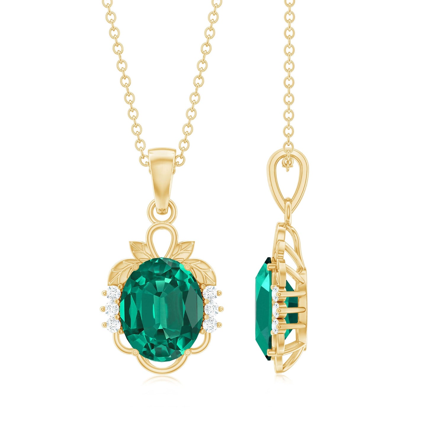 Lab Grown Emerald Oval Statement Pendant Necklace with Diamond