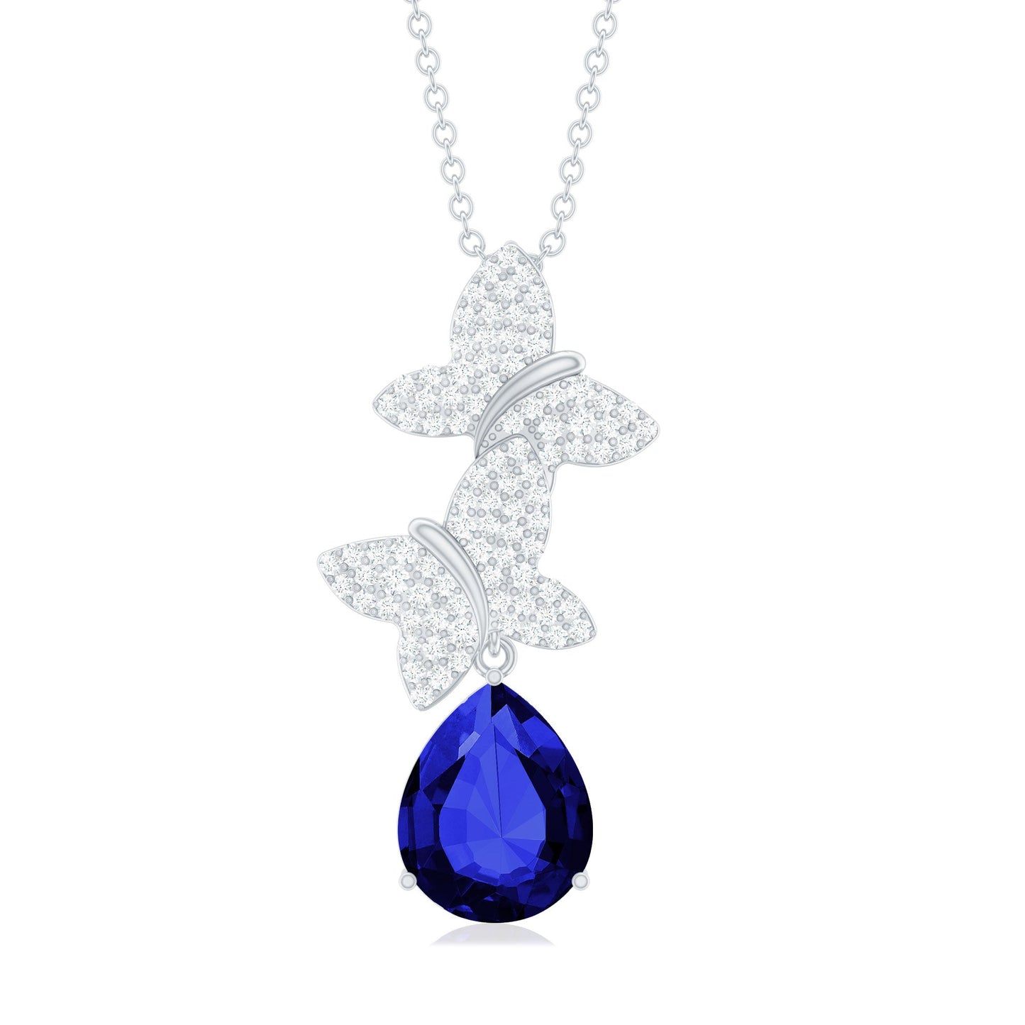 Lab Grown Blue Sapphire Butterflies Pendant Necklace with Diamond