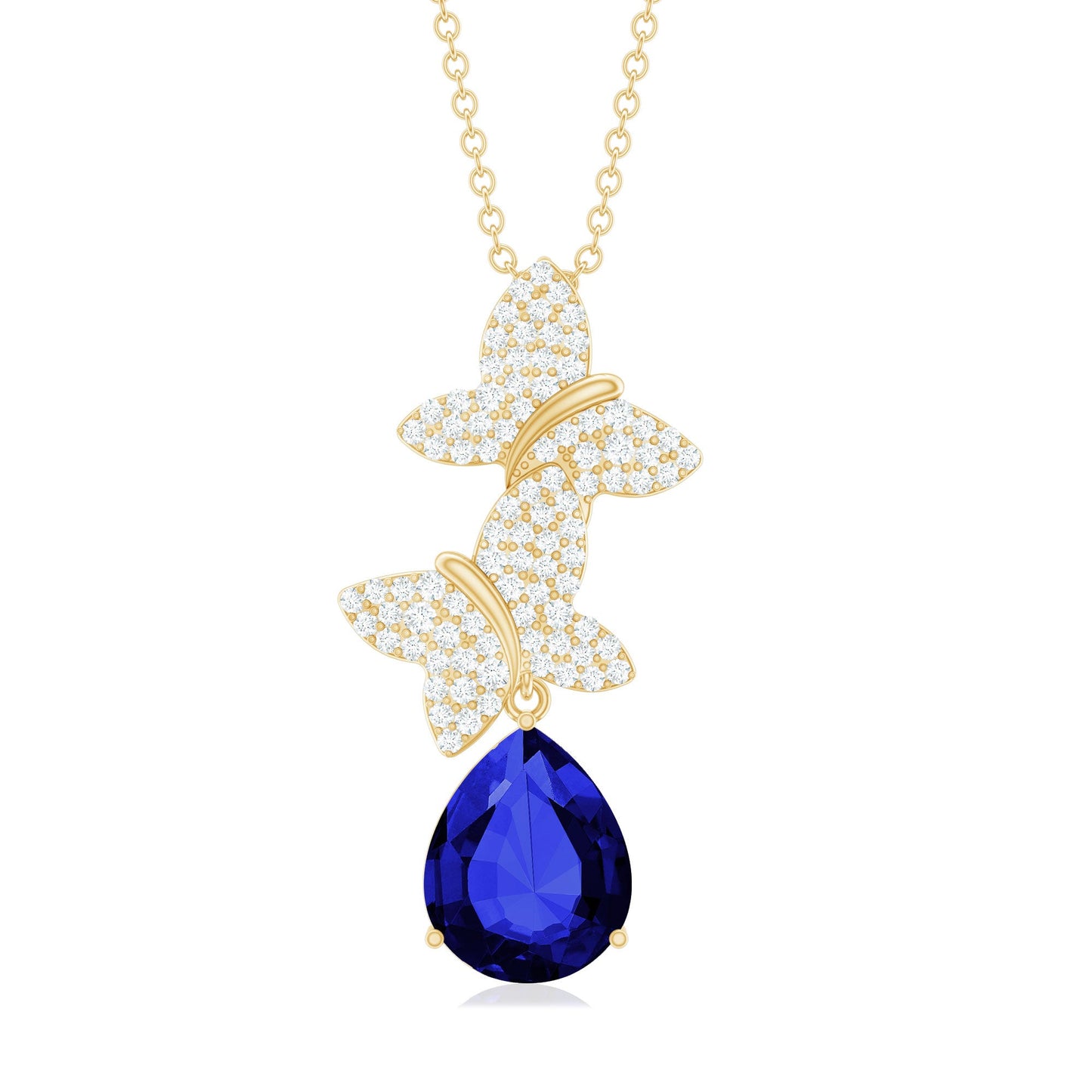 Lab Grown Blue Sapphire Butterflies Pendant Necklace with Diamond