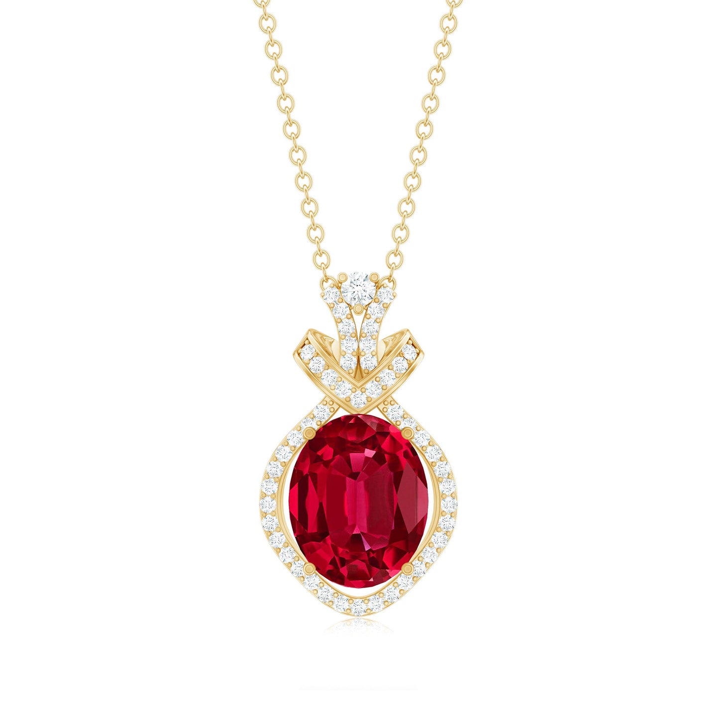 Lab Grown Ruby Designer Art Deco Necklace with Diamond Accent