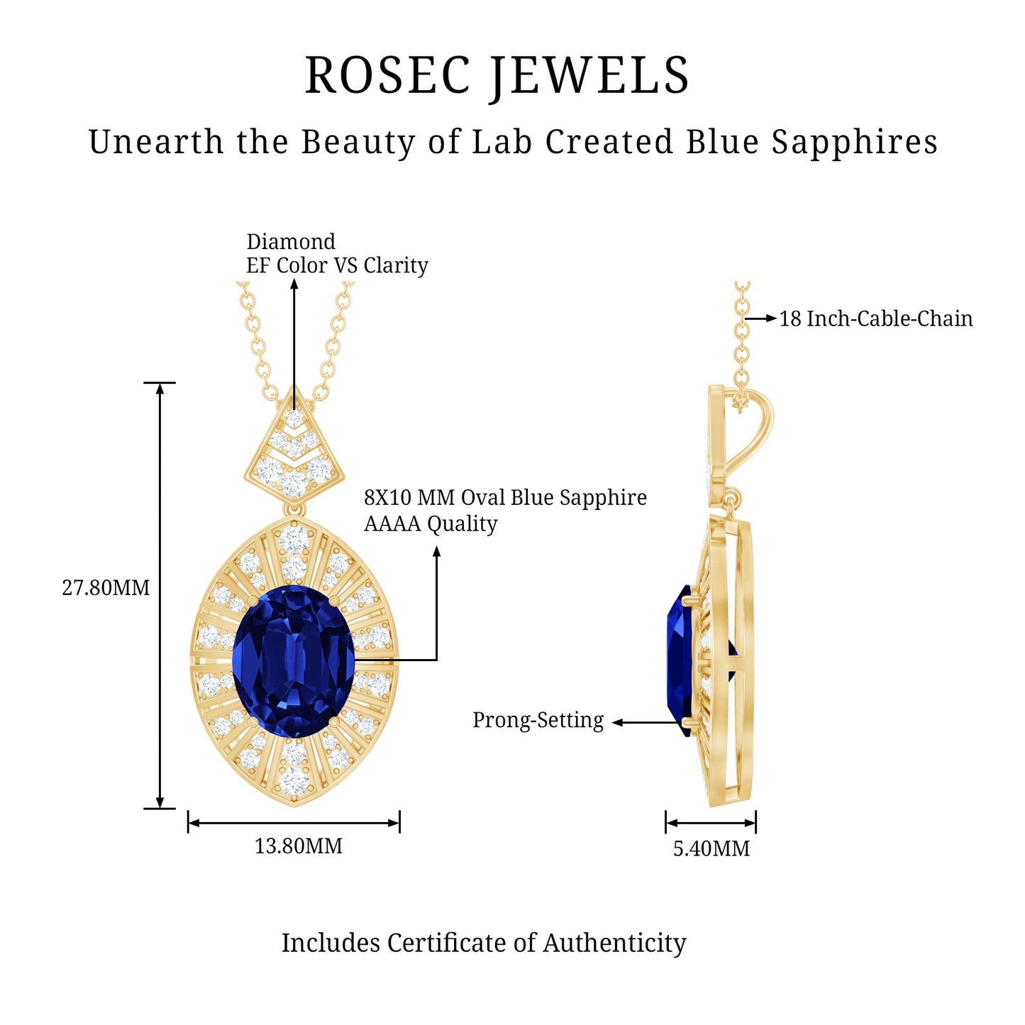 Lab Grown Blue Sapphire Art Deco Necklace with Diamond Accent