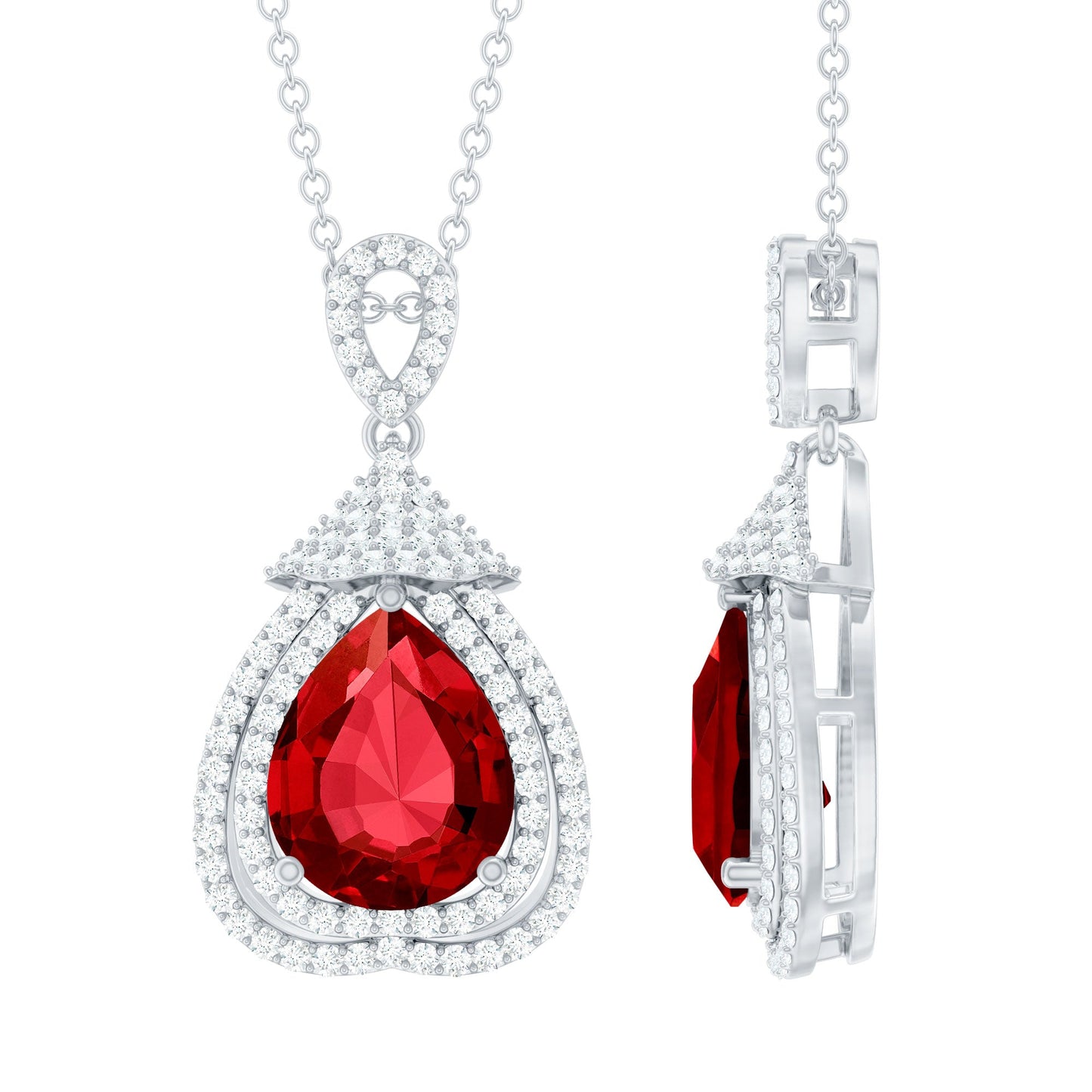 Certified Lab Grown Ruby Double Halo Diamond Necklace