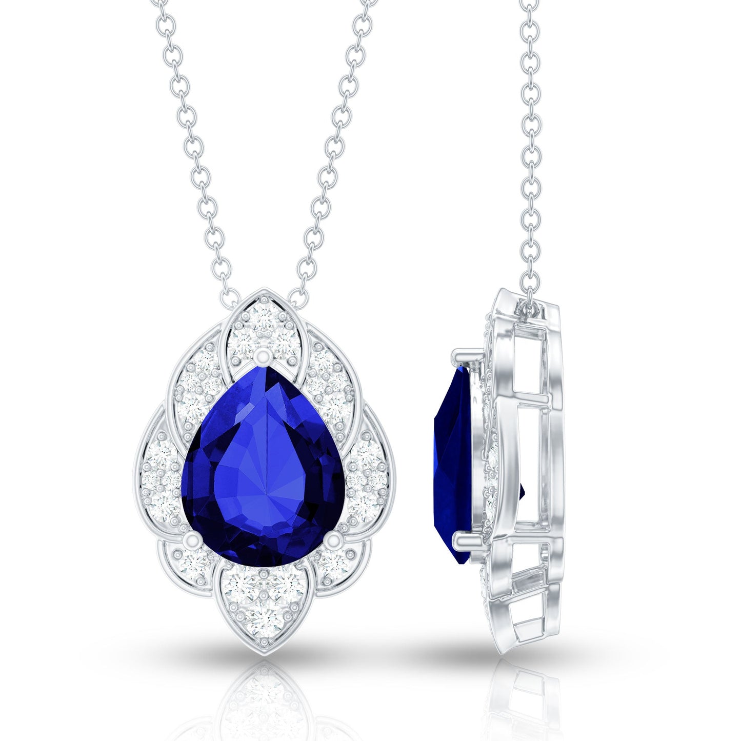 Certified Lab Grown Blue Sapphire Petal Necklace with Diamond