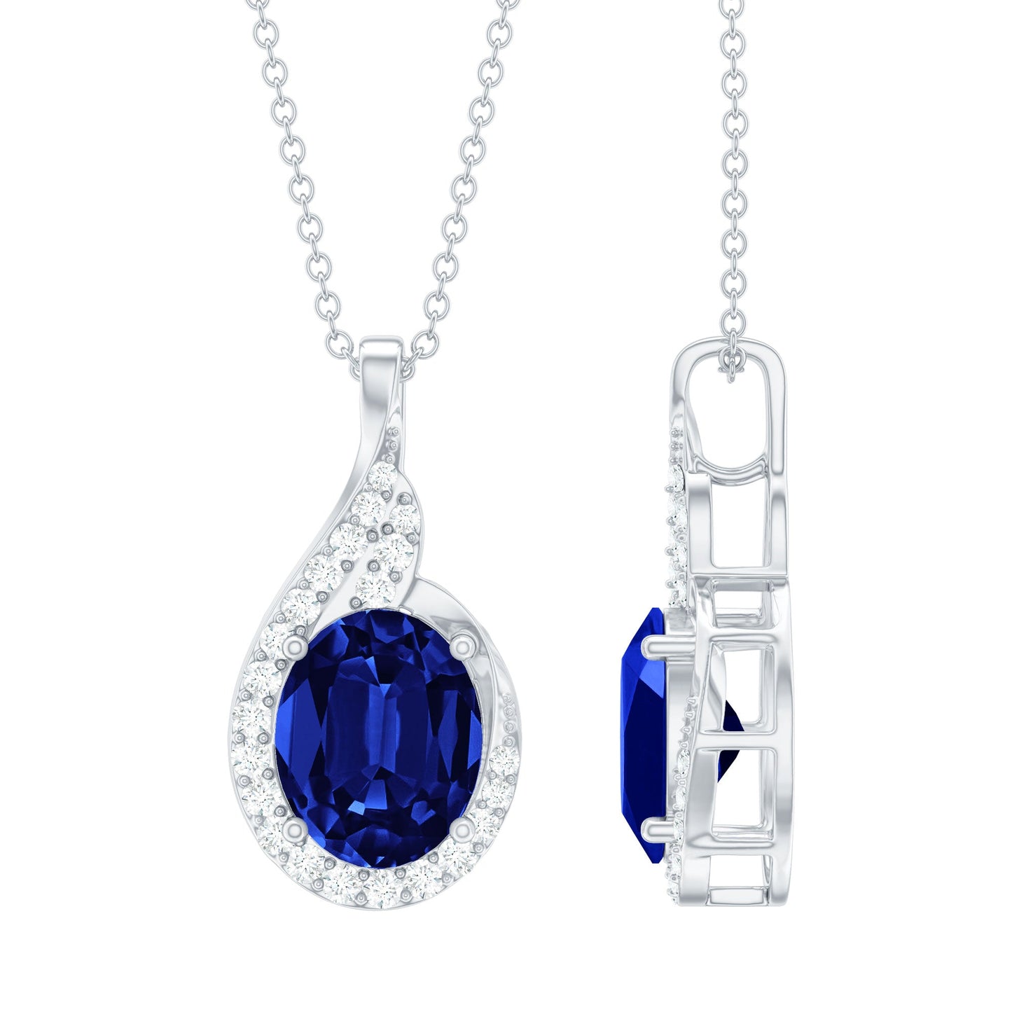 Lab Grown Blue Sapphire and Diamond Oval Pendant Necklace