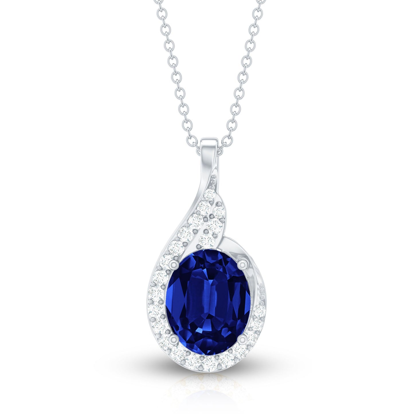 Lab Grown Blue Sapphire and Diamond Oval Pendant Necklace