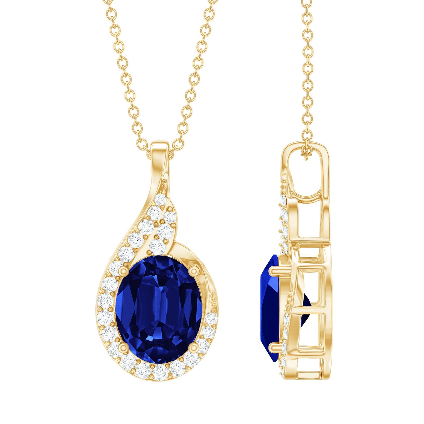 Lab Grown Blue Sapphire and Diamond Oval Pendant Necklace