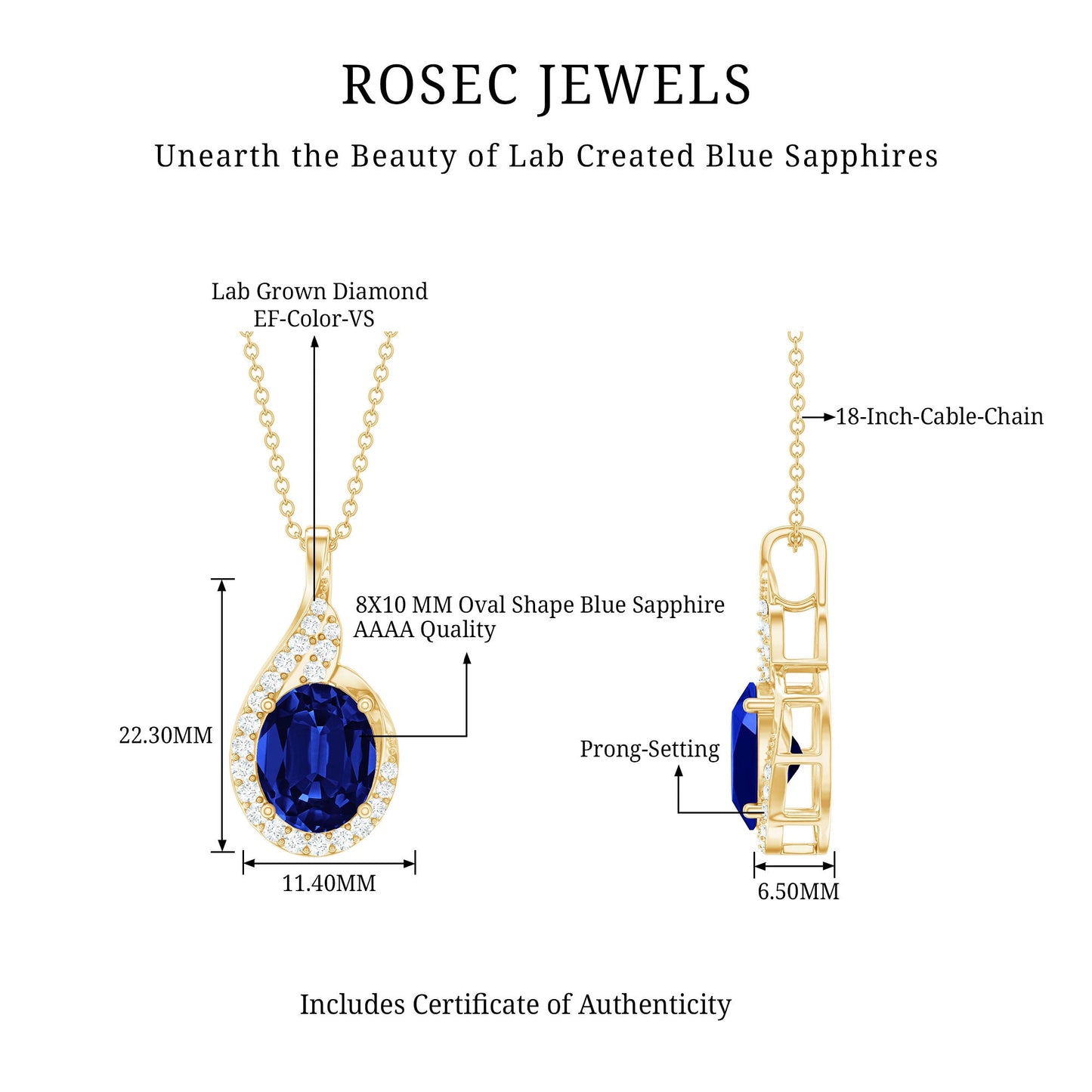 Lab Grown Blue Sapphire and Diamond Oval Pendant Necklace