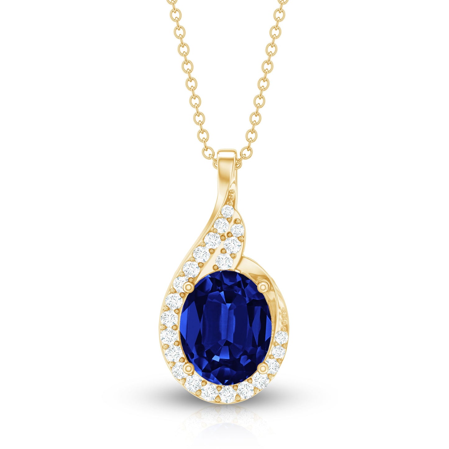 Lab Grown Blue Sapphire and Diamond Oval Pendant Necklace