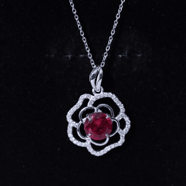 Certified Lab Grown Ruby Rose Pendant Necklace with Diamond Accent