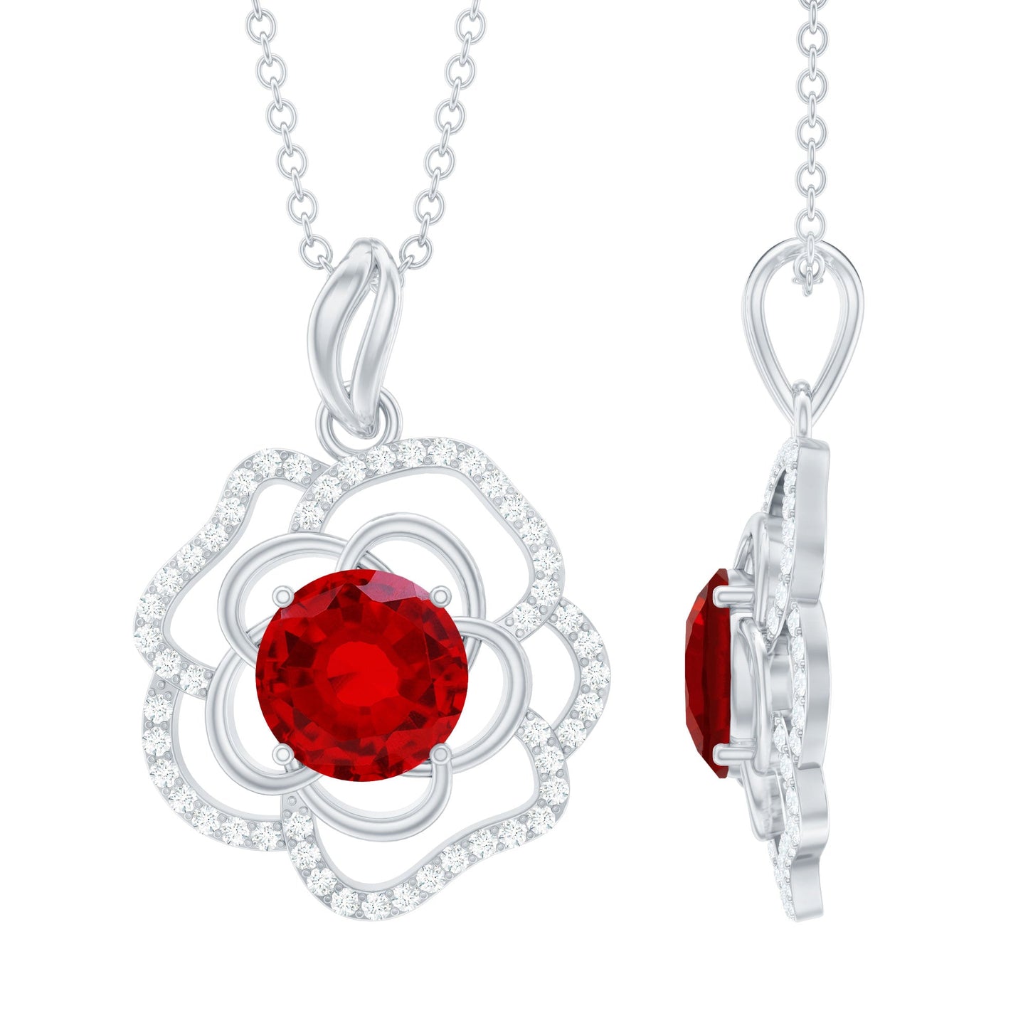Certified Lab Grown Ruby Rose Pendant Necklace with Diamond Accent