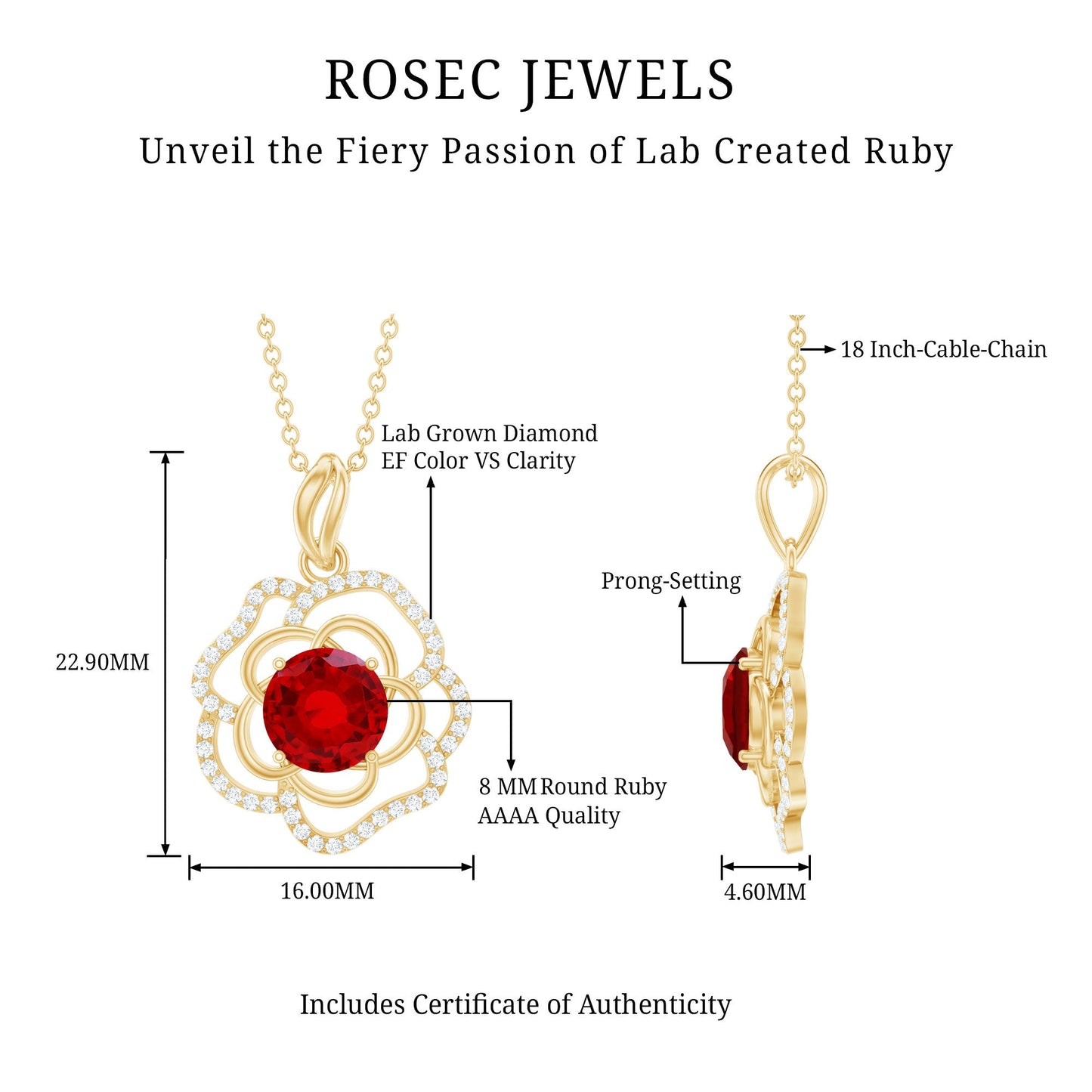 Certified Lab Grown Ruby Rose Pendant Necklace with Diamond Accent