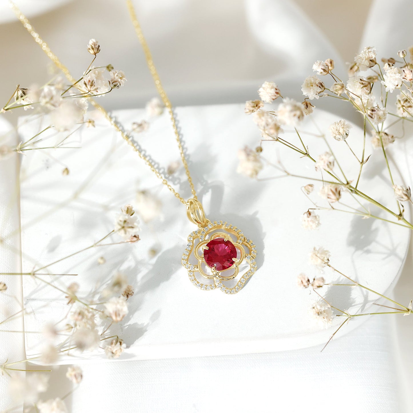 Certified Lab Grown Ruby Rose Pendant Necklace with Diamond Accent