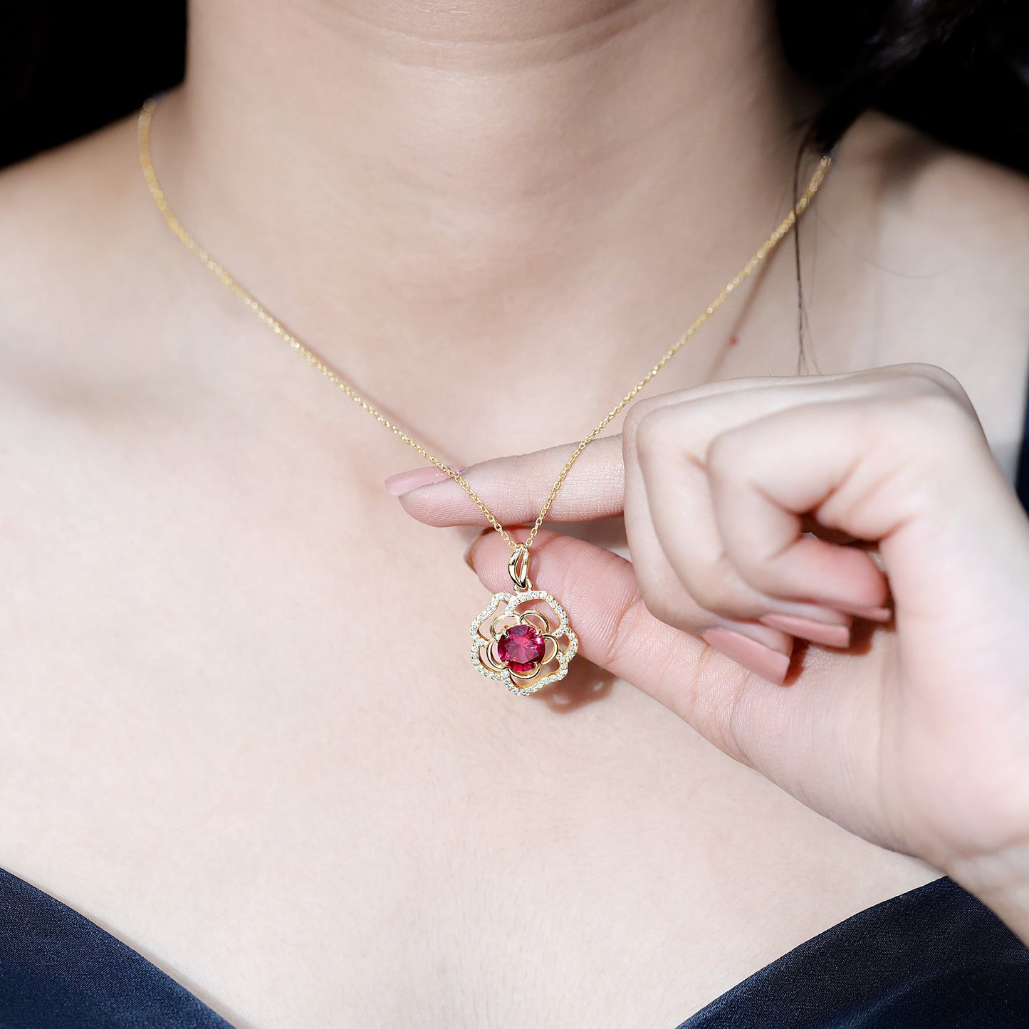 Certified Lab Grown Ruby Rose Pendant Necklace with Diamond Accent
