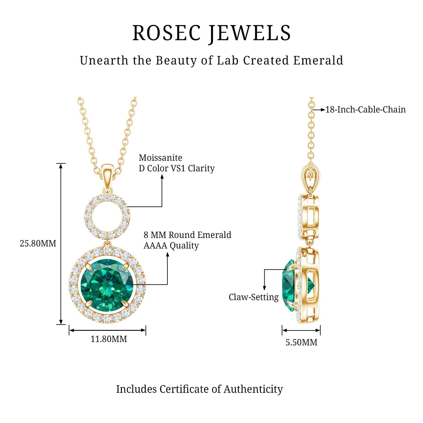 Certified Lab Created Emerald Wedding Necklace with Chain