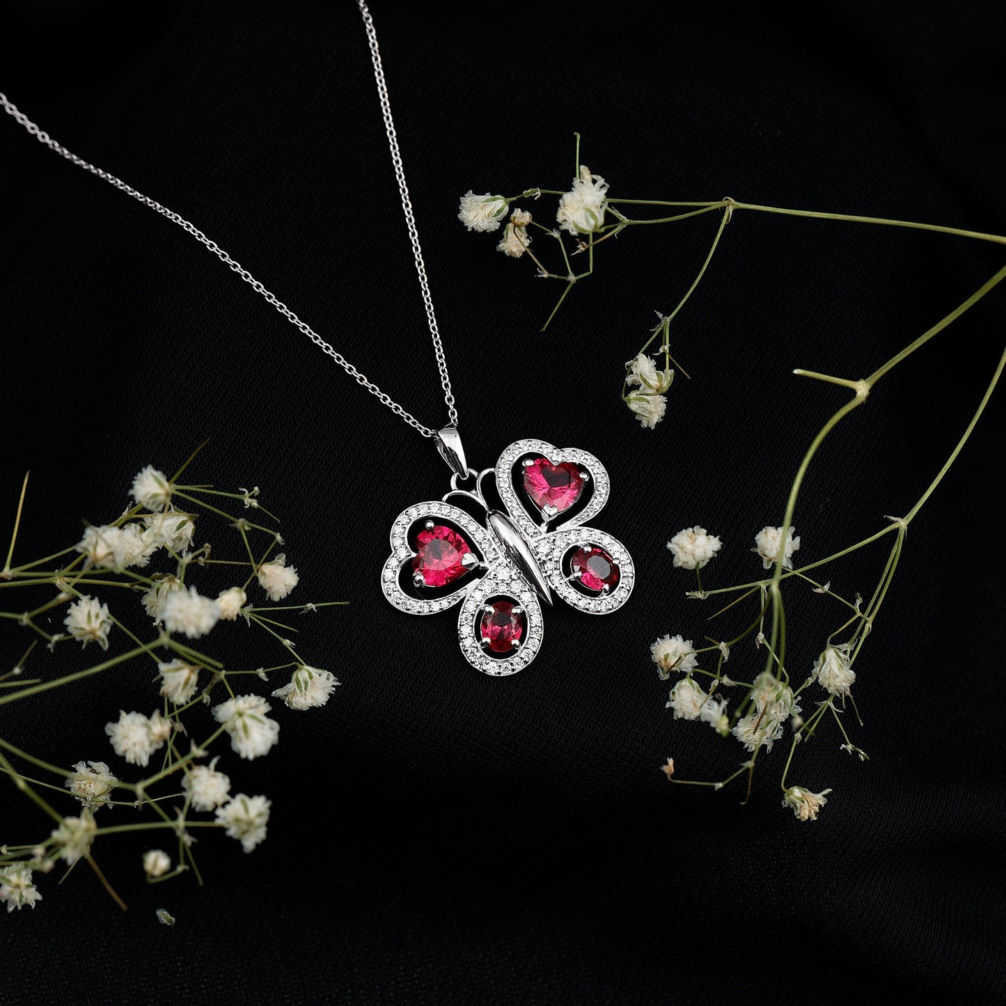 Certified Created Ruby Butterfly Pendant Necklace with Moissanite