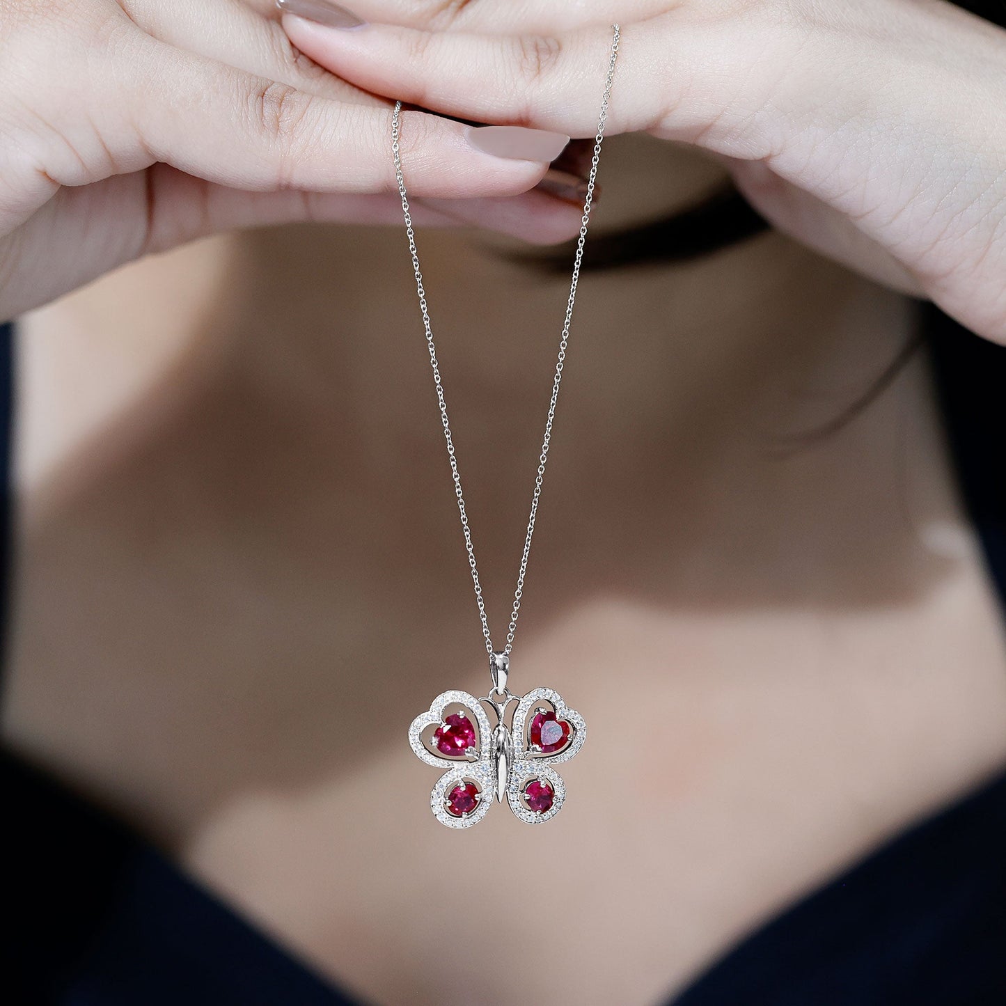 Certified Created Ruby Butterfly Pendant Necklace with Moissanite