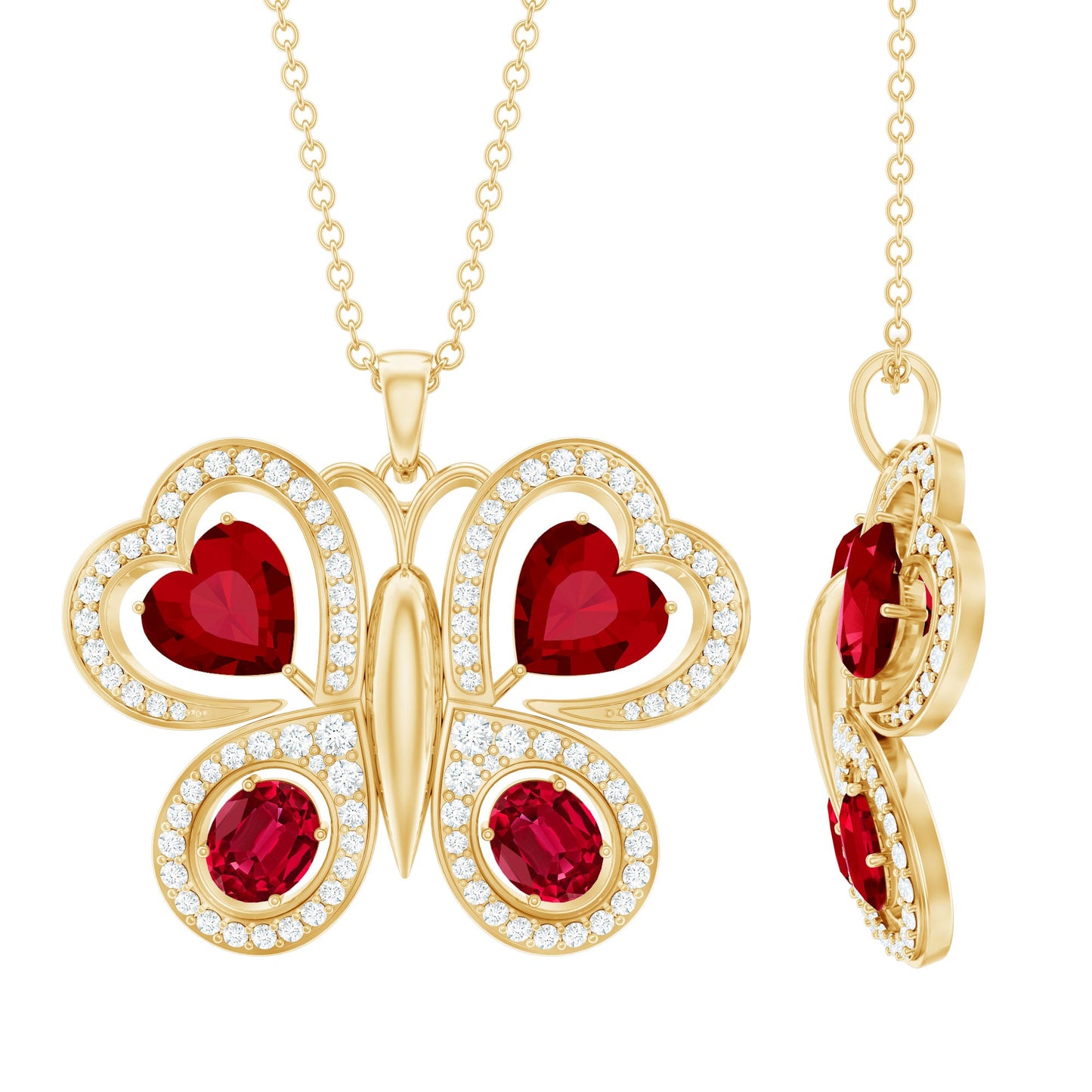 Certified Created Ruby Butterfly Pendant Necklace with Moissanite