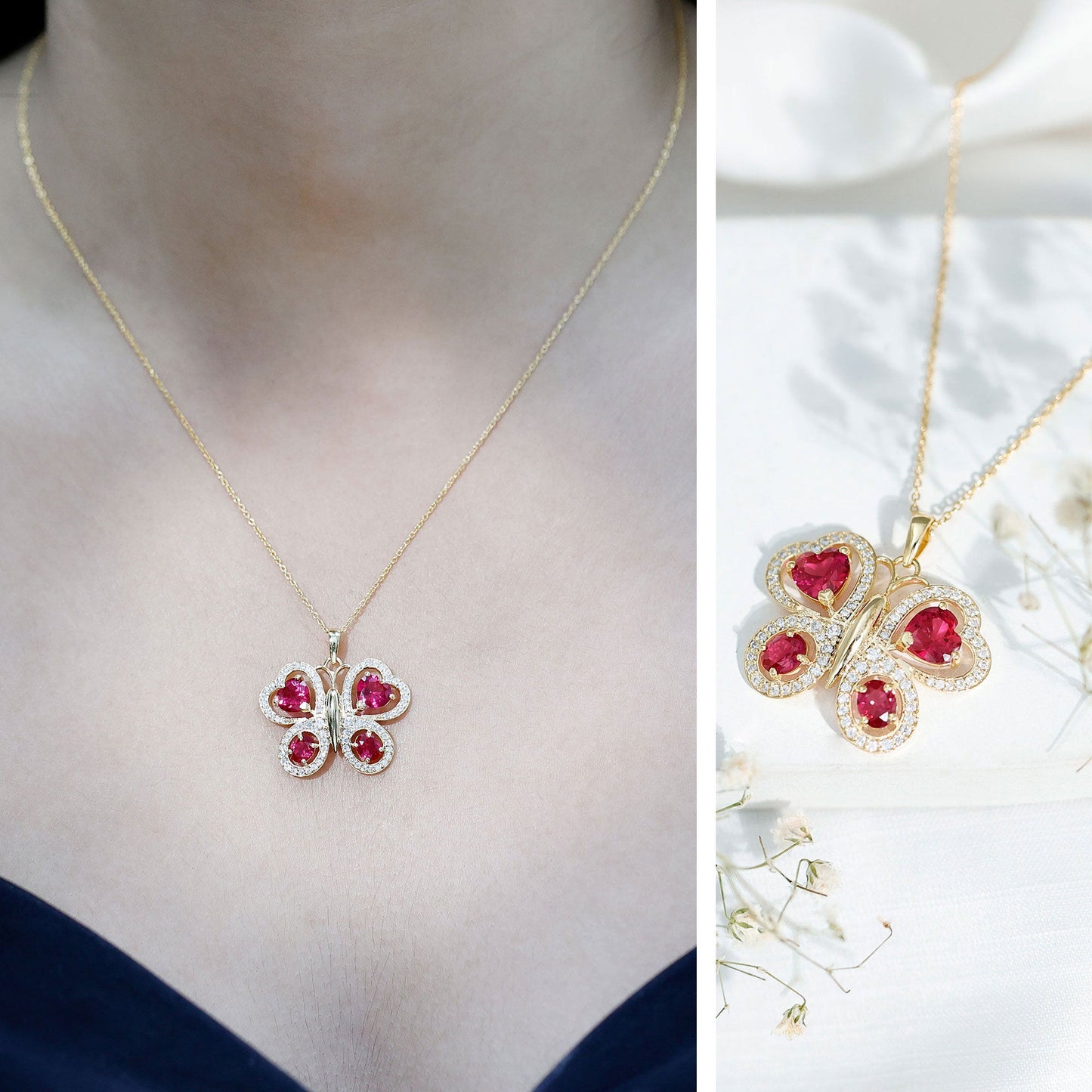 Certified Created Ruby Butterfly Pendant Necklace with Moissanite