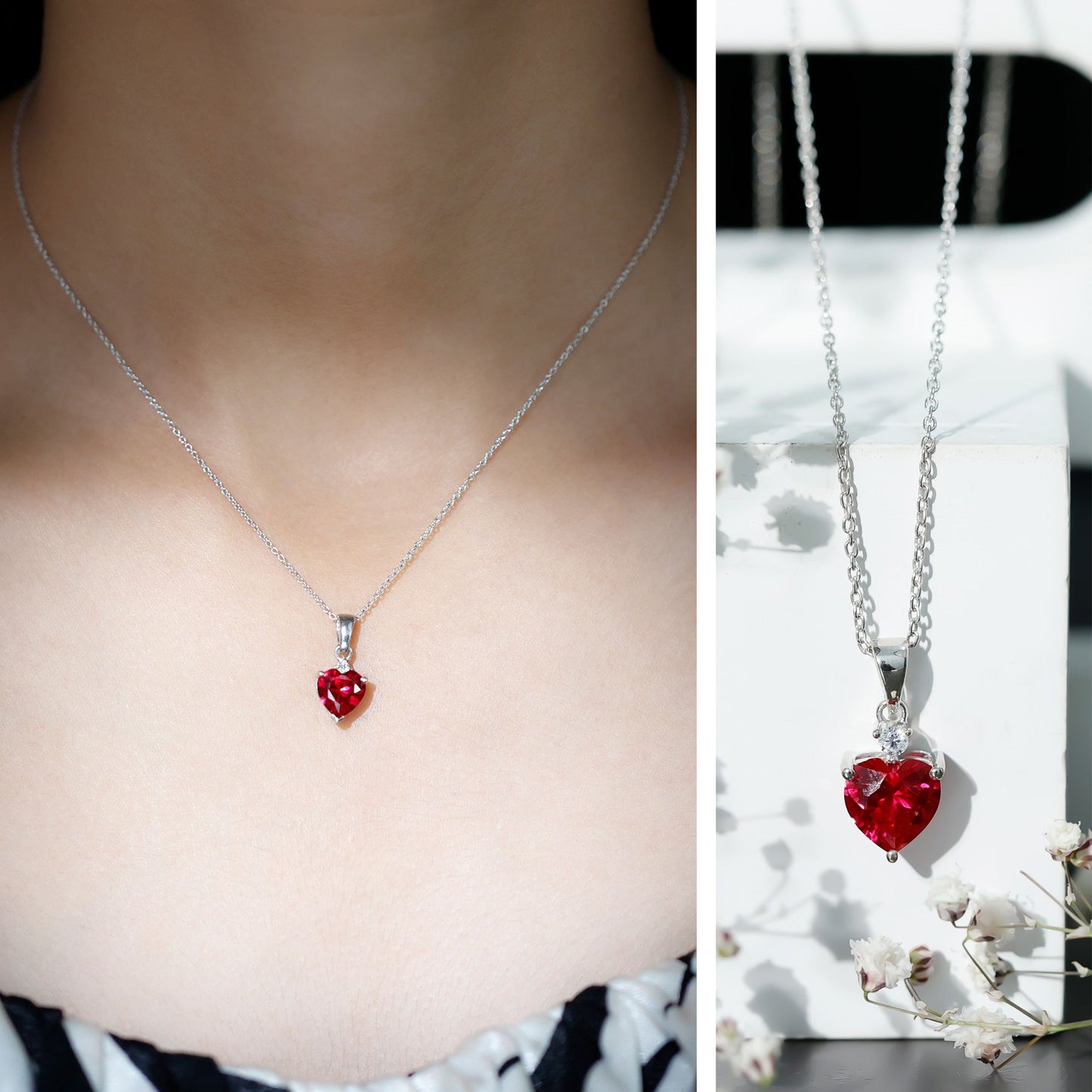2 CT Lab Grown Ruby Heart Pendant Necklace with Moissanite