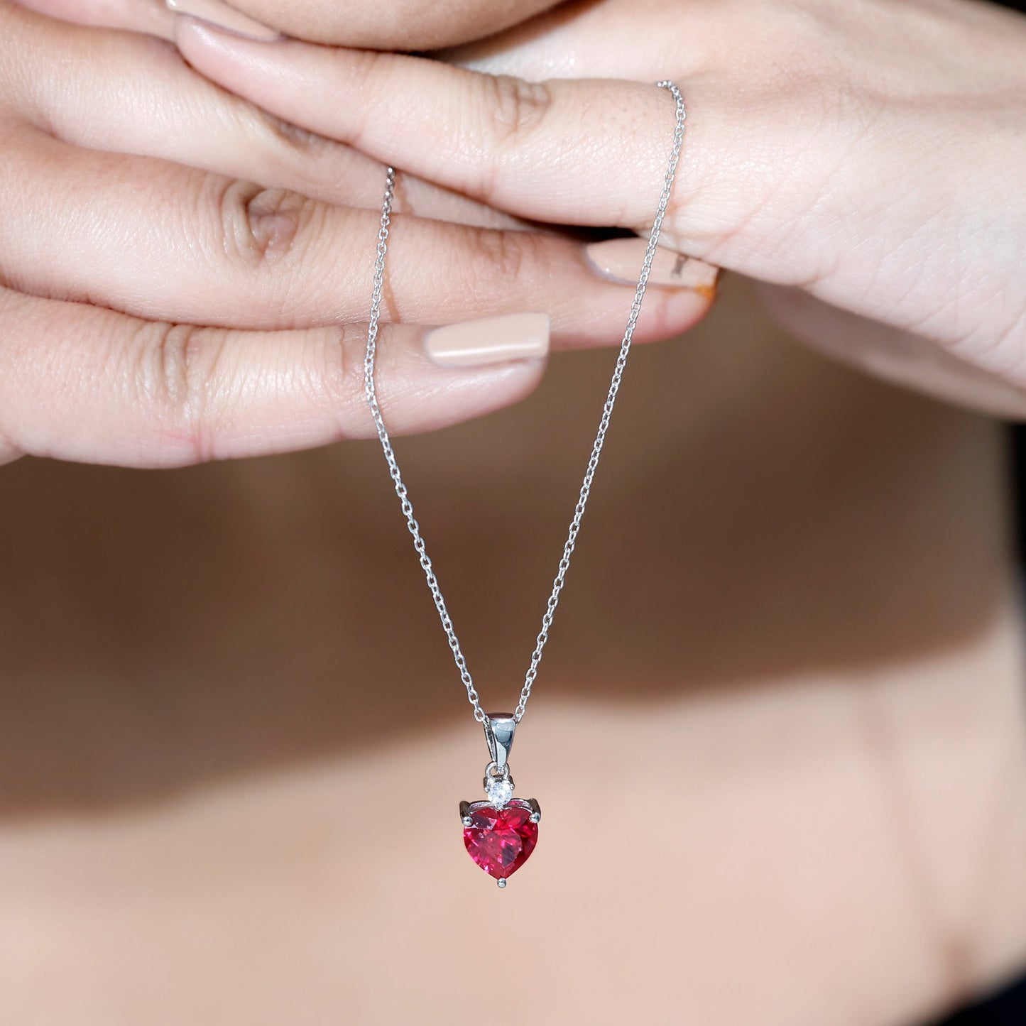 2 CT Lab Grown Ruby Heart Pendant Necklace with Moissanite