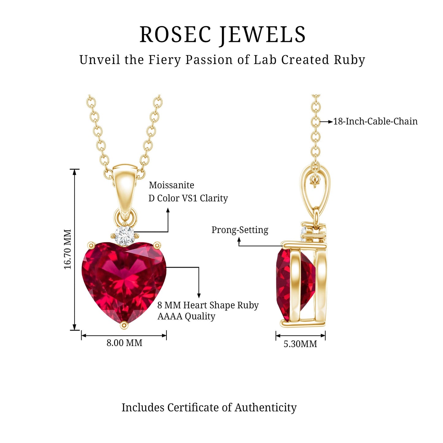 2 CT Lab Grown Ruby Heart Pendant Necklace with Moissanite