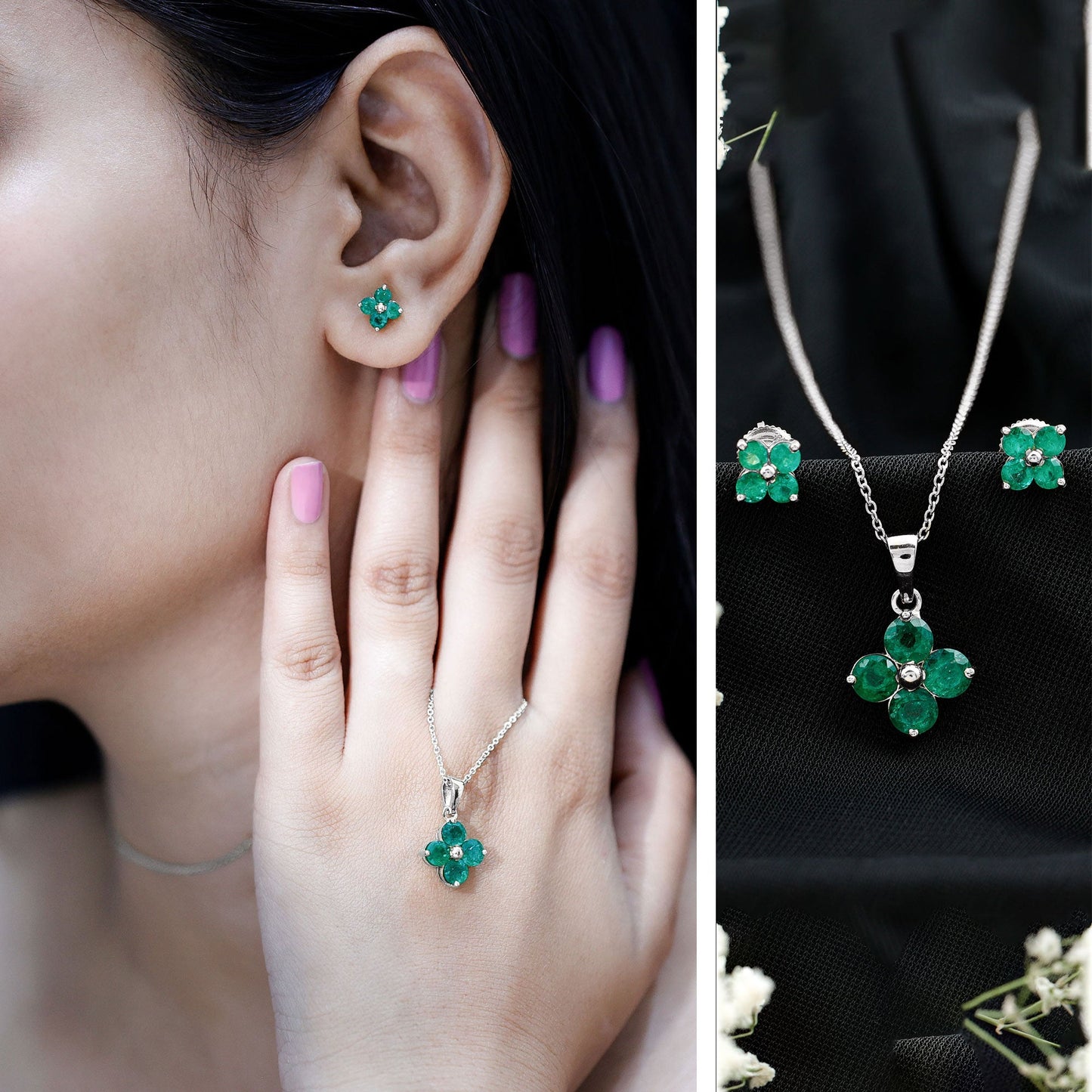 Natural Emerald Clover Jewelry Set for Women