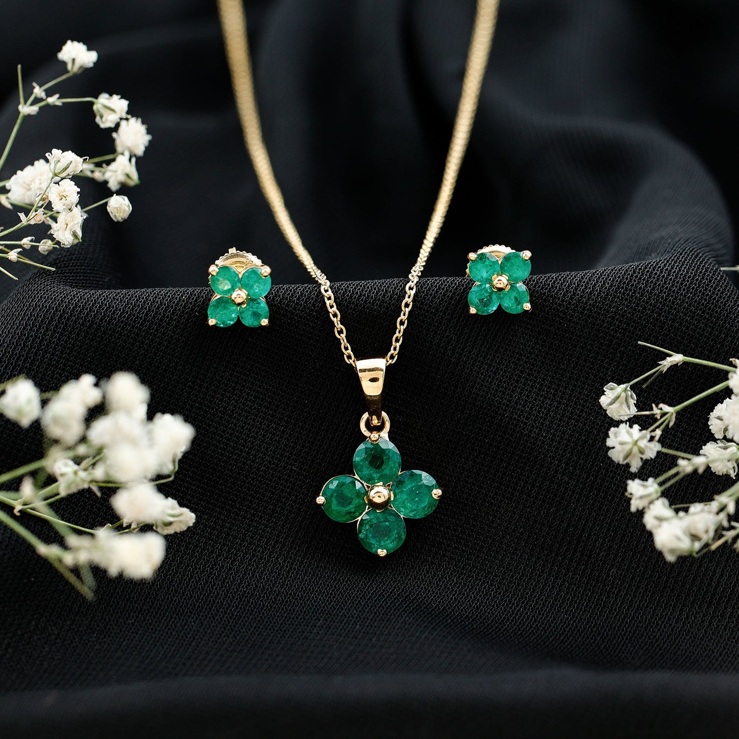 Natural Emerald Clover Jewelry Set for Women