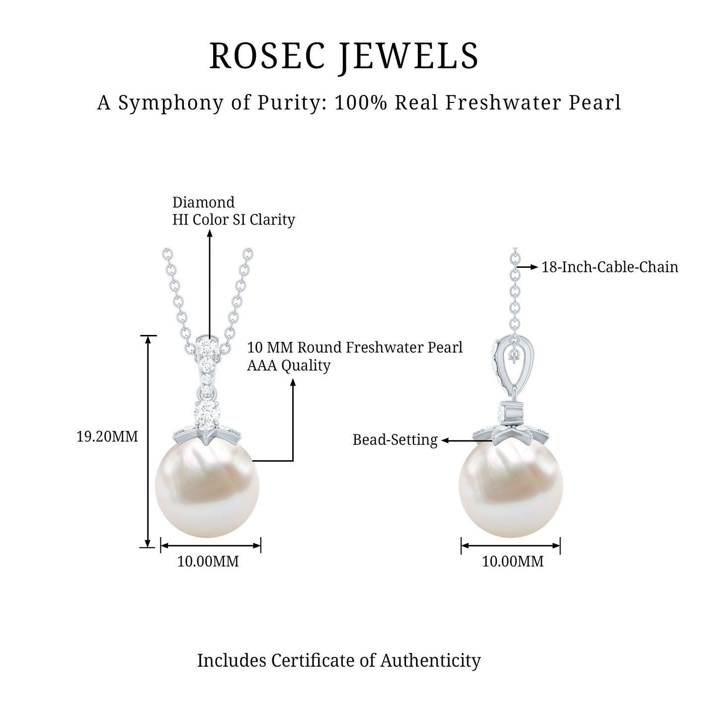 Real Freshwater Pearl and Diamond Drop Pendant Necklace