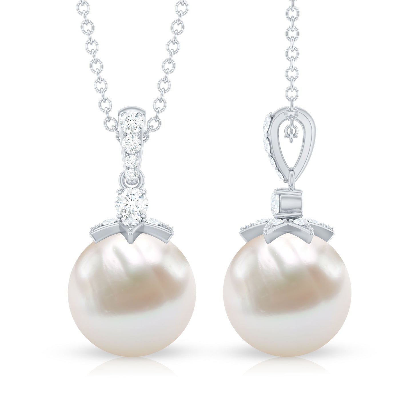 Real Freshwater Pearl and Diamond Drop Pendant Necklace
