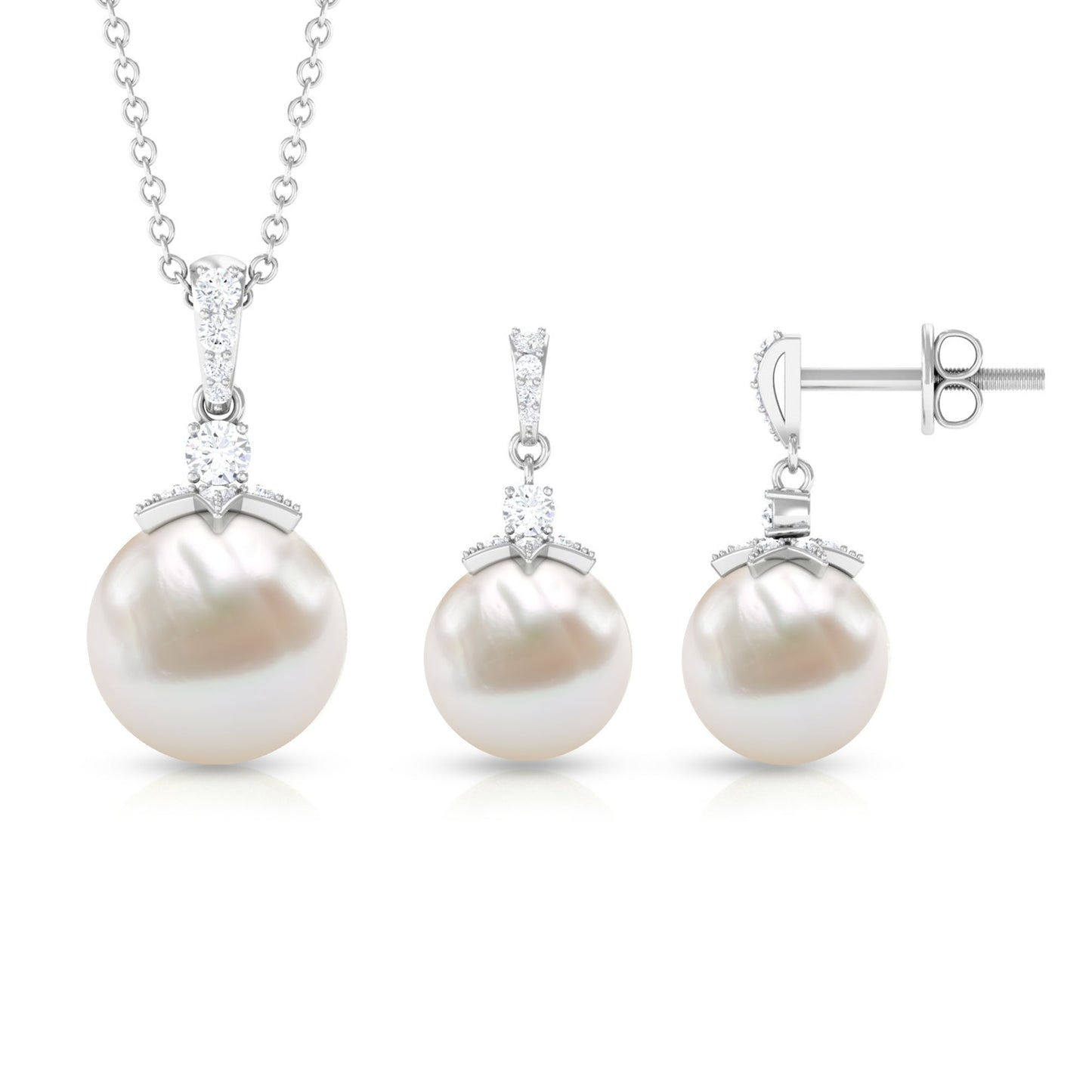 Real Freshwater Pearl and Diamond Drop Pendant and Earrings Set