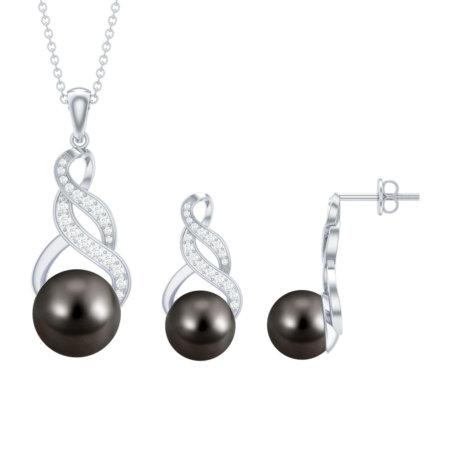Natural Tahitian Pearl Bridal Infinity Drop Jewelry Set with Moissanite