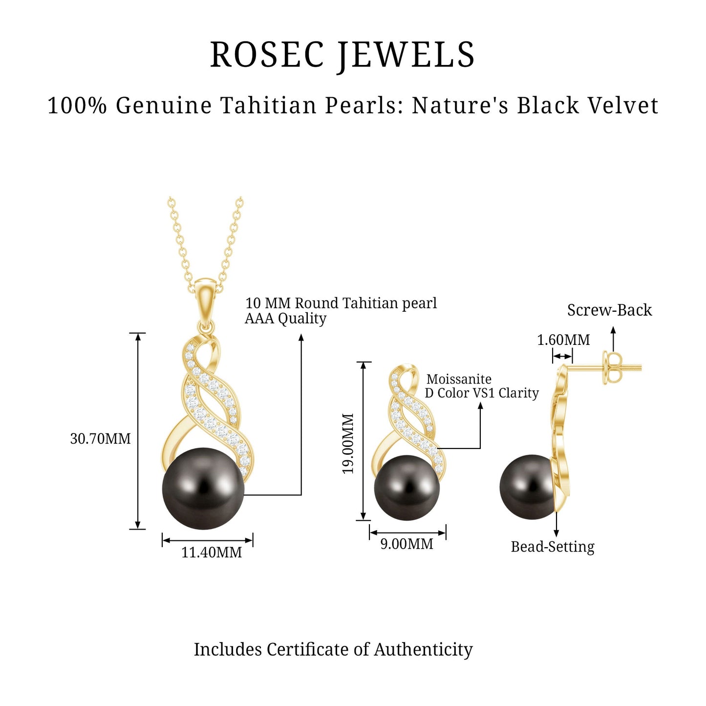 Natural Tahitian Pearl Bridal Infinity Drop Jewelry Set with Moissanite