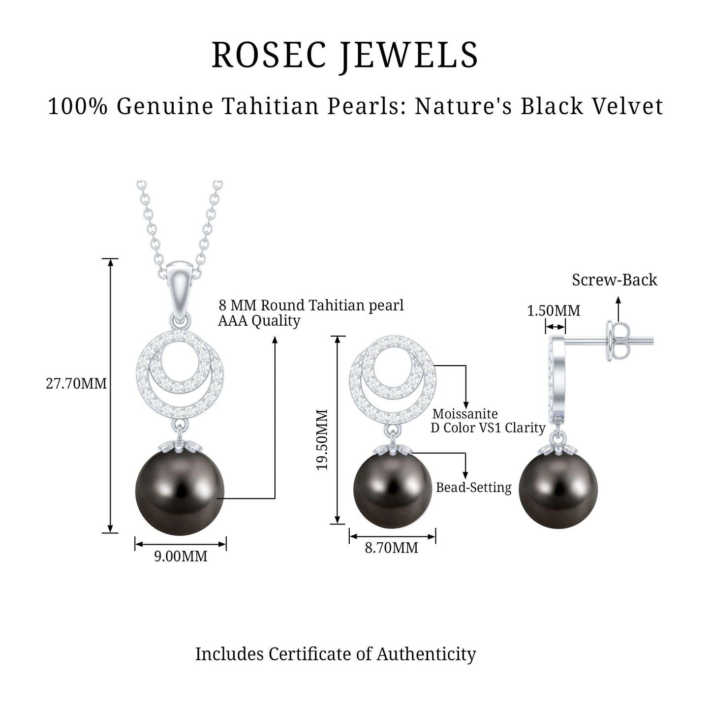 Genuine Tahitian Black Pearl Drop Jewelry Set with Certificate