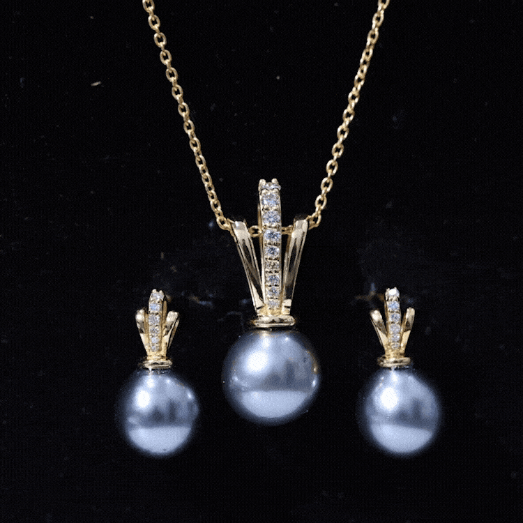 Genuine Tahitian Pearl and Diamond Drop Necklace Earrings Set