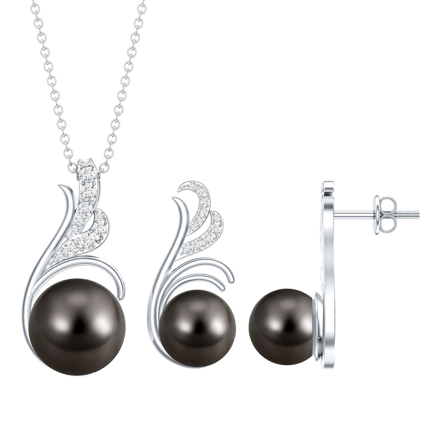 Designer Tahitian Black Pearl Necklace and Earrings Set with Diamond