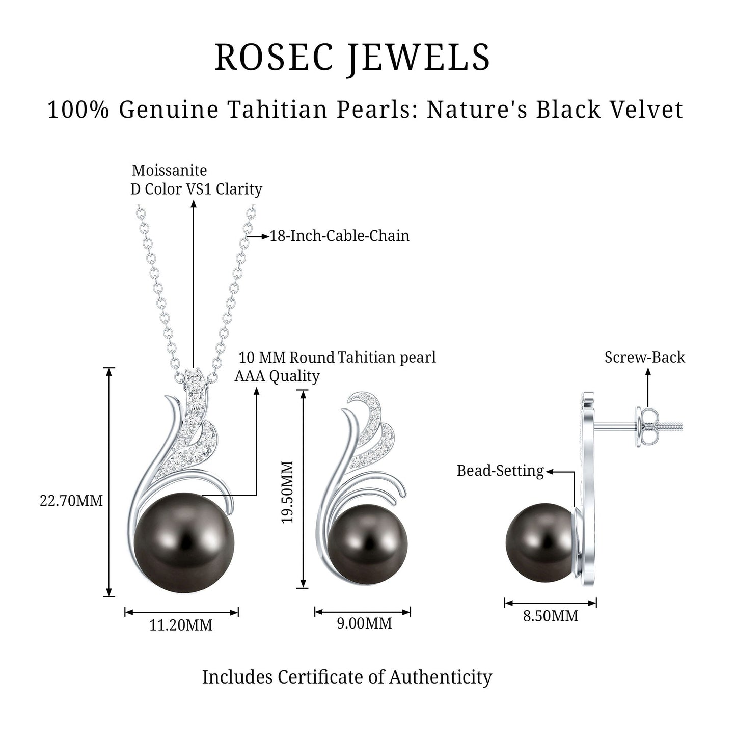 Designer Tahitian Black Pearl Necklace and Earrings Set with Diamond