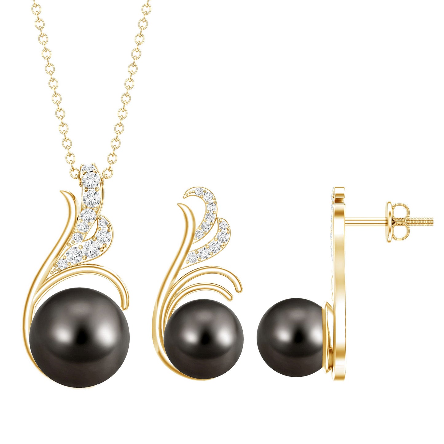 Designer Tahitian Black Pearl Necklace and Earrings Set with Diamond