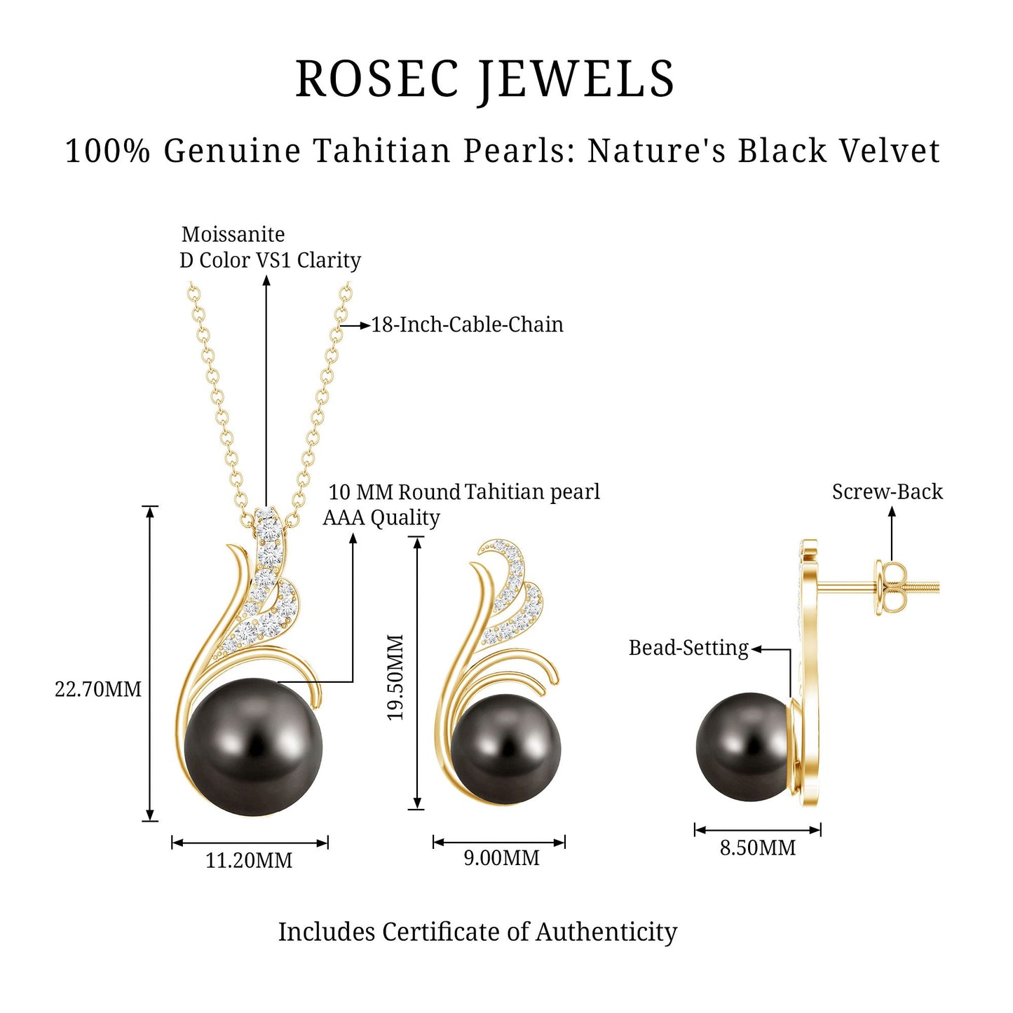 Designer Tahitian Black Pearl Necklace and Earrings Set with Diamond