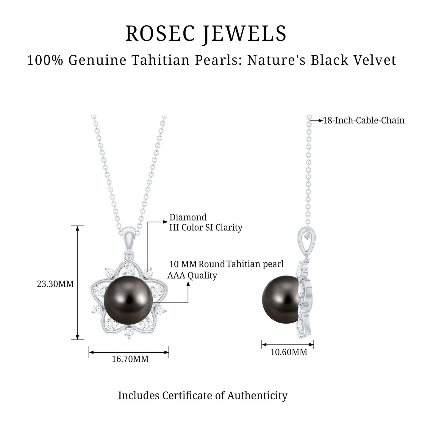Real Tahitian Pearl and Diamond Star Pendant Necklace With Chain