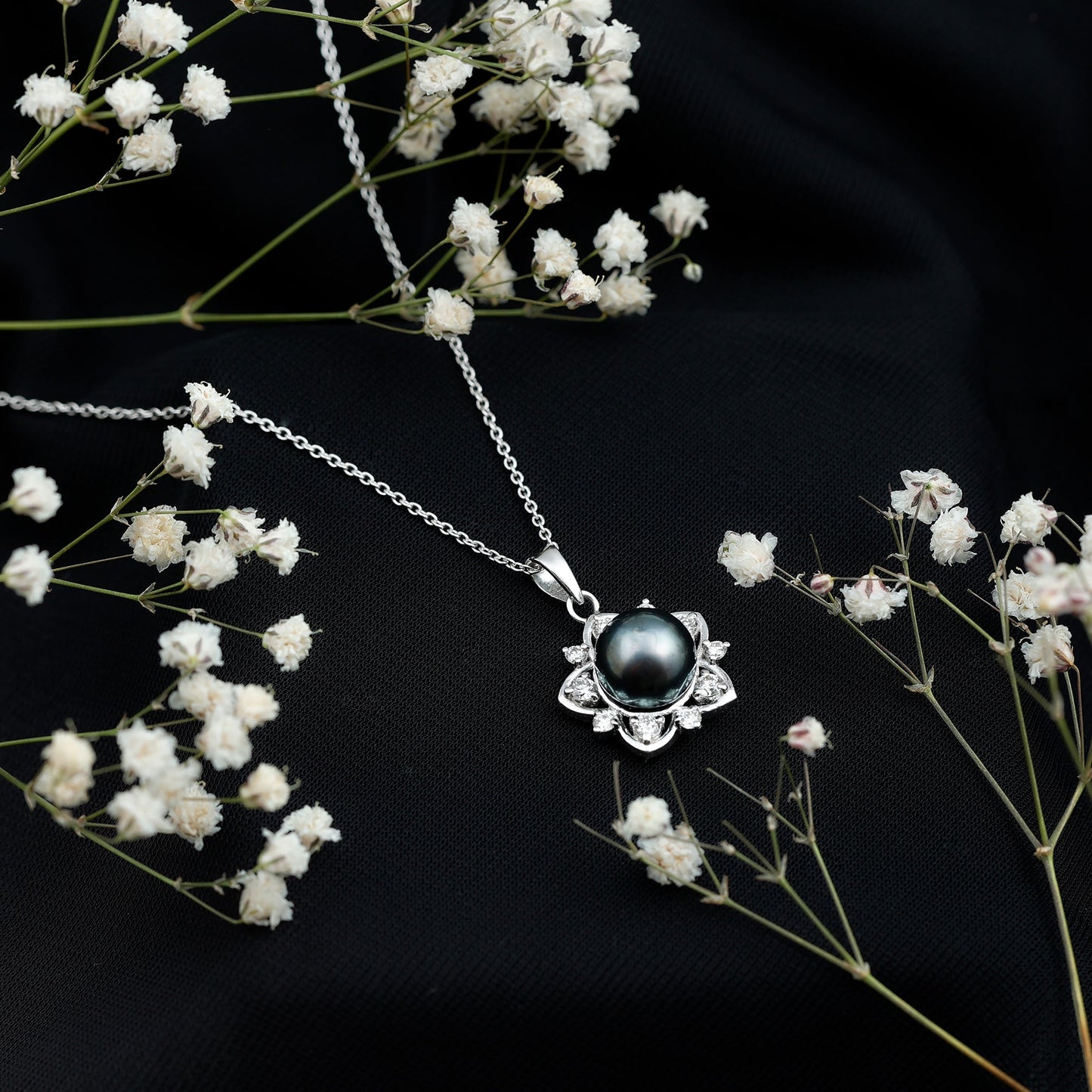 Real Tahitian Pearl and Diamond Star Pendant Necklace With Chain