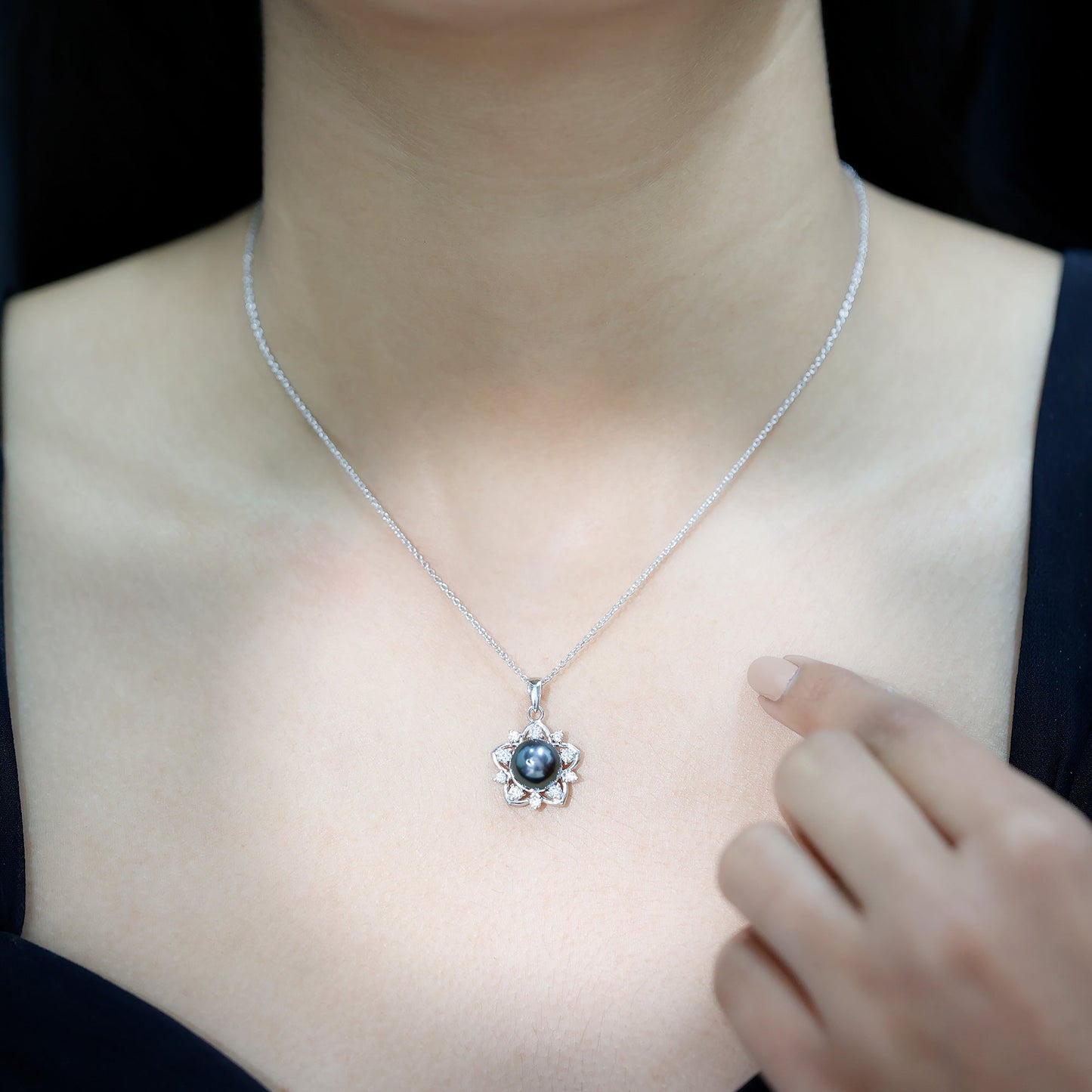 Real Tahitian Pearl and Diamond Star Pendant Necklace With Chain