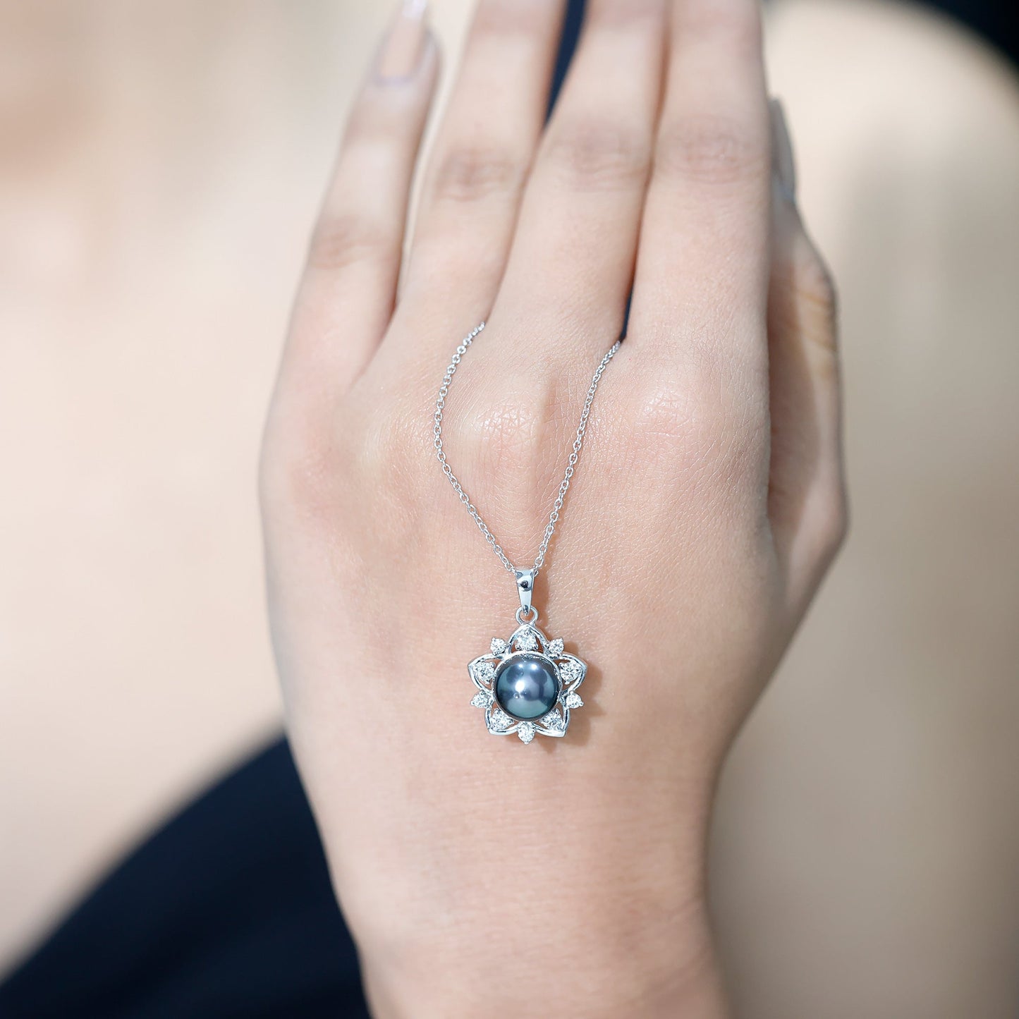 Real Tahitian Pearl and Diamond Star Pendant Necklace With Chain