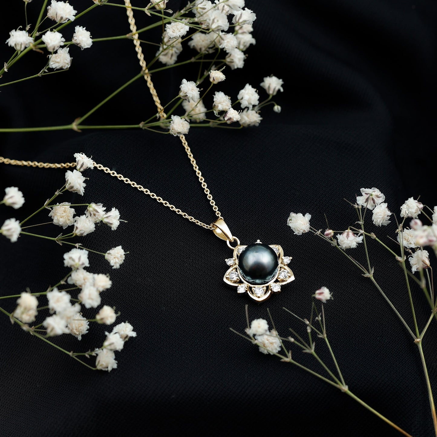 Real Tahitian Pearl and Diamond Star Pendant Necklace With Chain