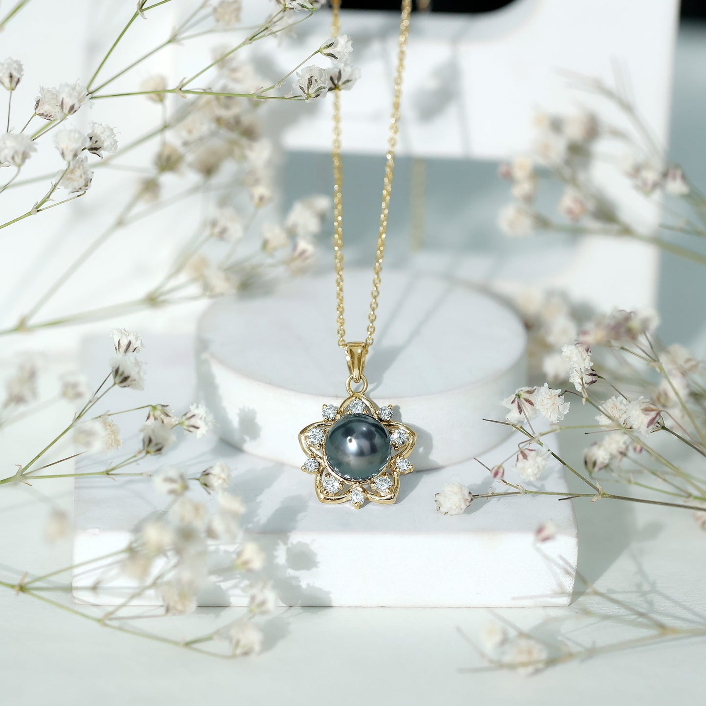 Real Tahitian Pearl and Diamond Star Pendant Necklace With Chain