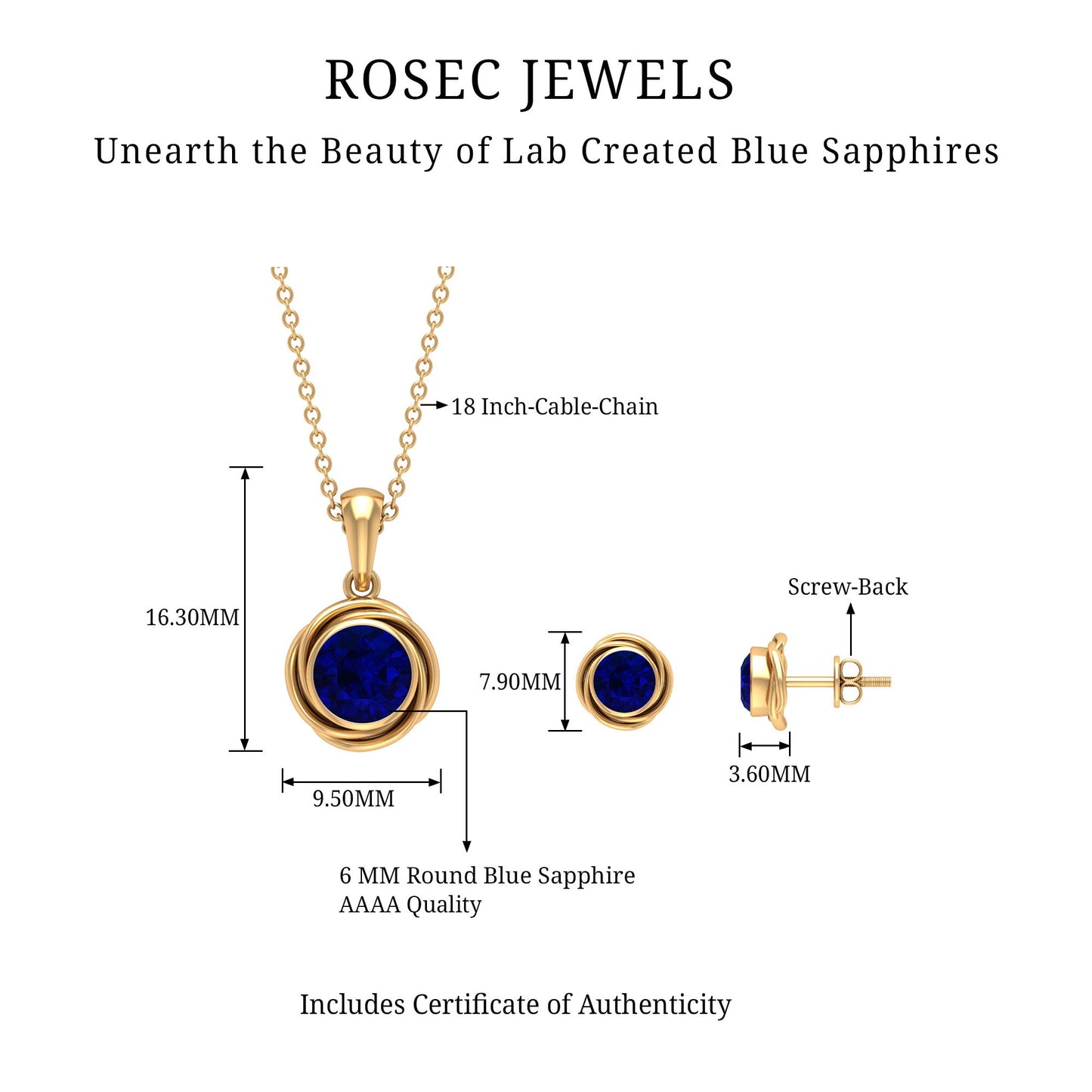 Solitaire Lab Created Blue Sapphire Swirl Jewelry Set with Certificate