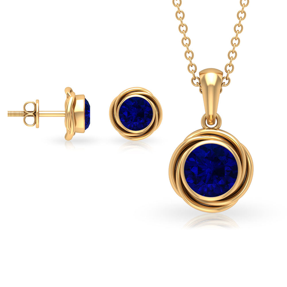 Solitaire Lab Created Blue Sapphire Swirl Jewelry Set with Certificate