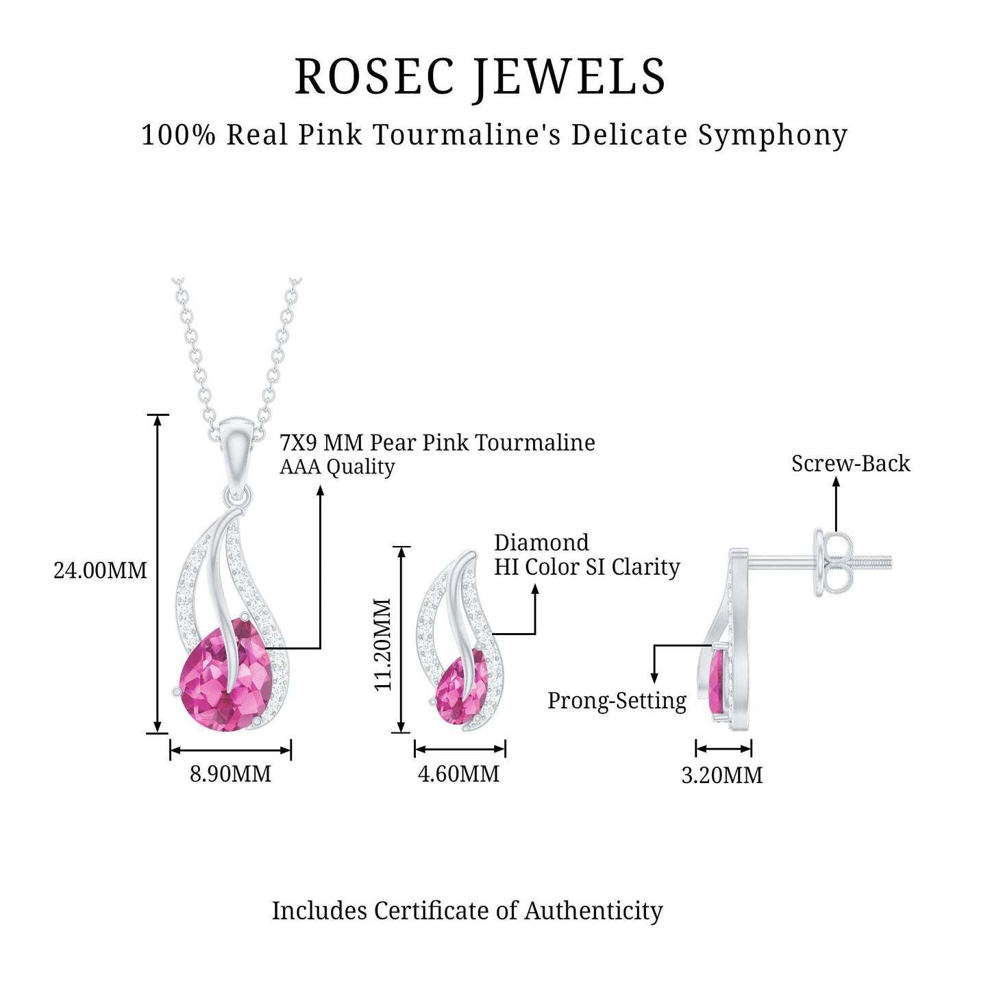 Pear Shaped Pink Tourmaline and Diamond Leaf Jewelry Set