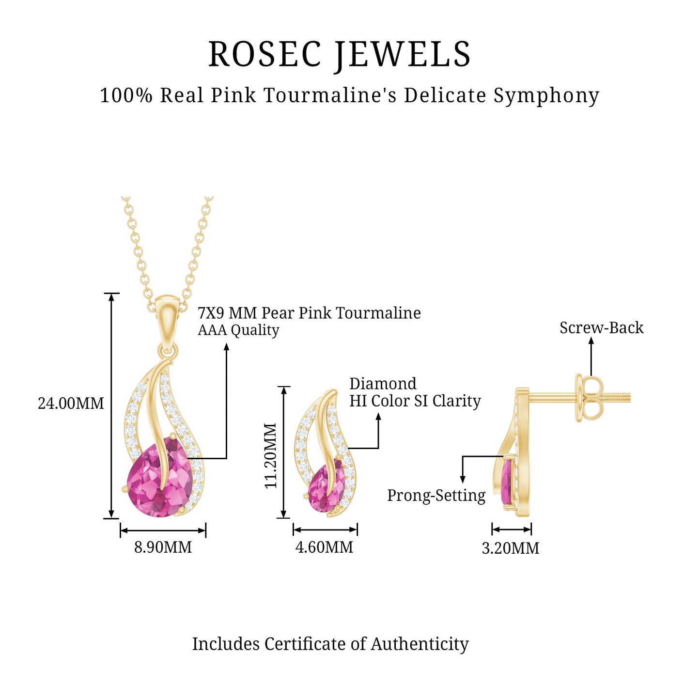 Pear Shaped Pink Tourmaline and Diamond Leaf Jewelry Set