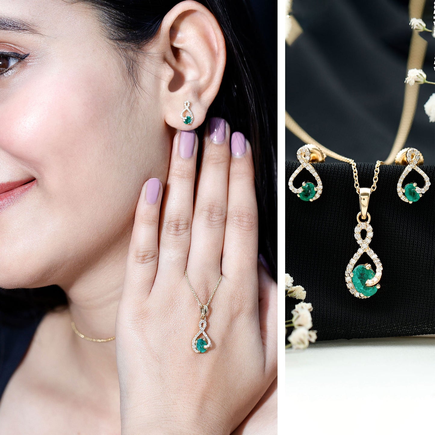 Natural Emerald and Diamond Wedding Jewelry Set