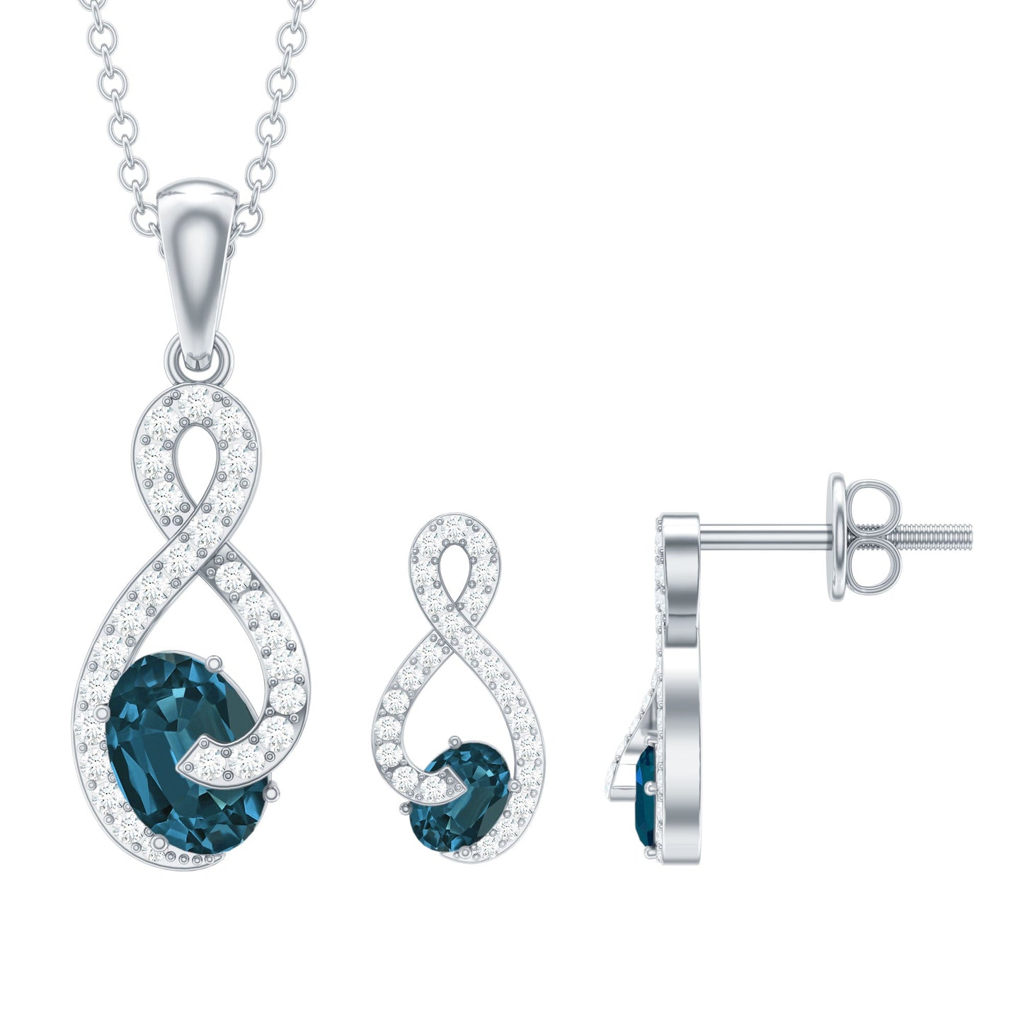 Oval Cut London Blue Topaz Infinity jewelry Set with Diamonds
